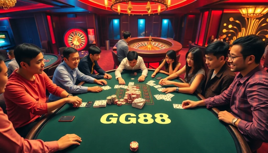 Experience the excitement at the GG88 poker table with vibrant lighting and strategic gameplay, igniting the thrill of casino action.