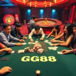 Experience the excitement at the GG88 poker table with vibrant lighting and strategic gameplay, igniting the thrill of casino action.