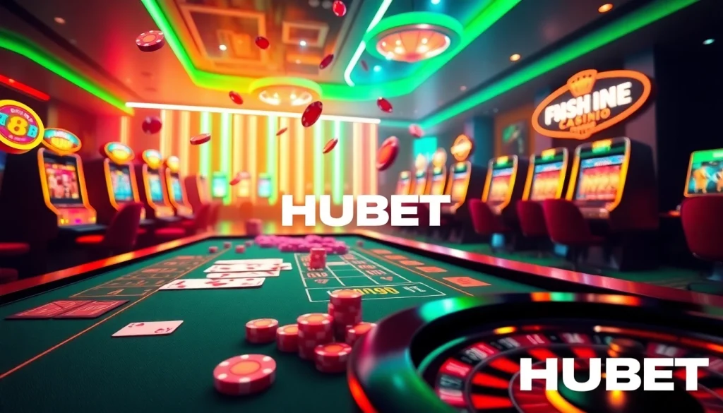 HUBET’s engaging online casino scene featuring thrilling poker chips and vibrant slot machines.