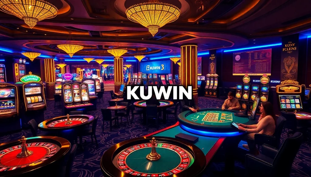 Experience KUWIN excitement at a lively casino with poker chips and roulette wheels.
