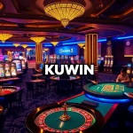 Experience KUWIN excitement at a lively casino with poker chips and roulette wheels.